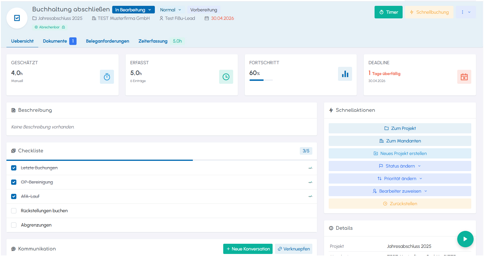Aufgabenansicht in aiwork mit Status, Frist und Mandantenkontext