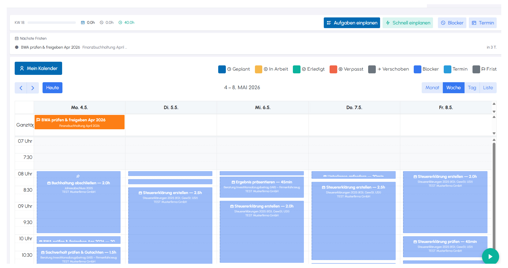 Team-Kalender in aiwork mit Terminen und Aufgaben