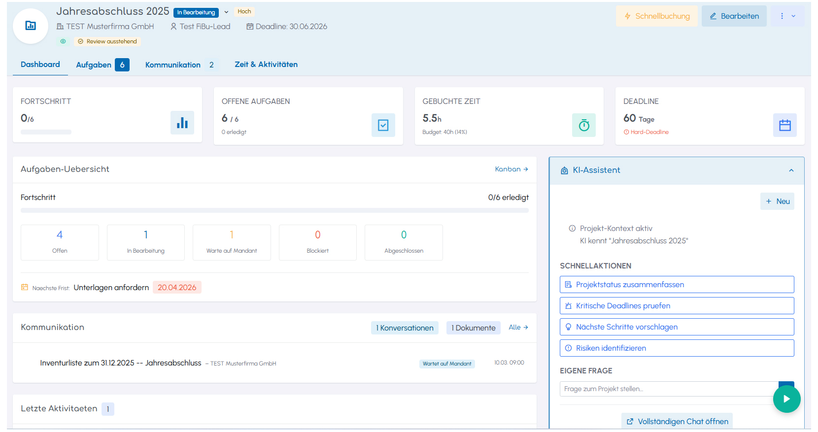 360°-Projektsicht in aiwork mit Checklisten und Historie